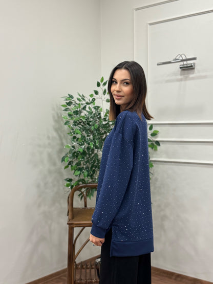 Luna Taş Baskı Lacivert Bluz