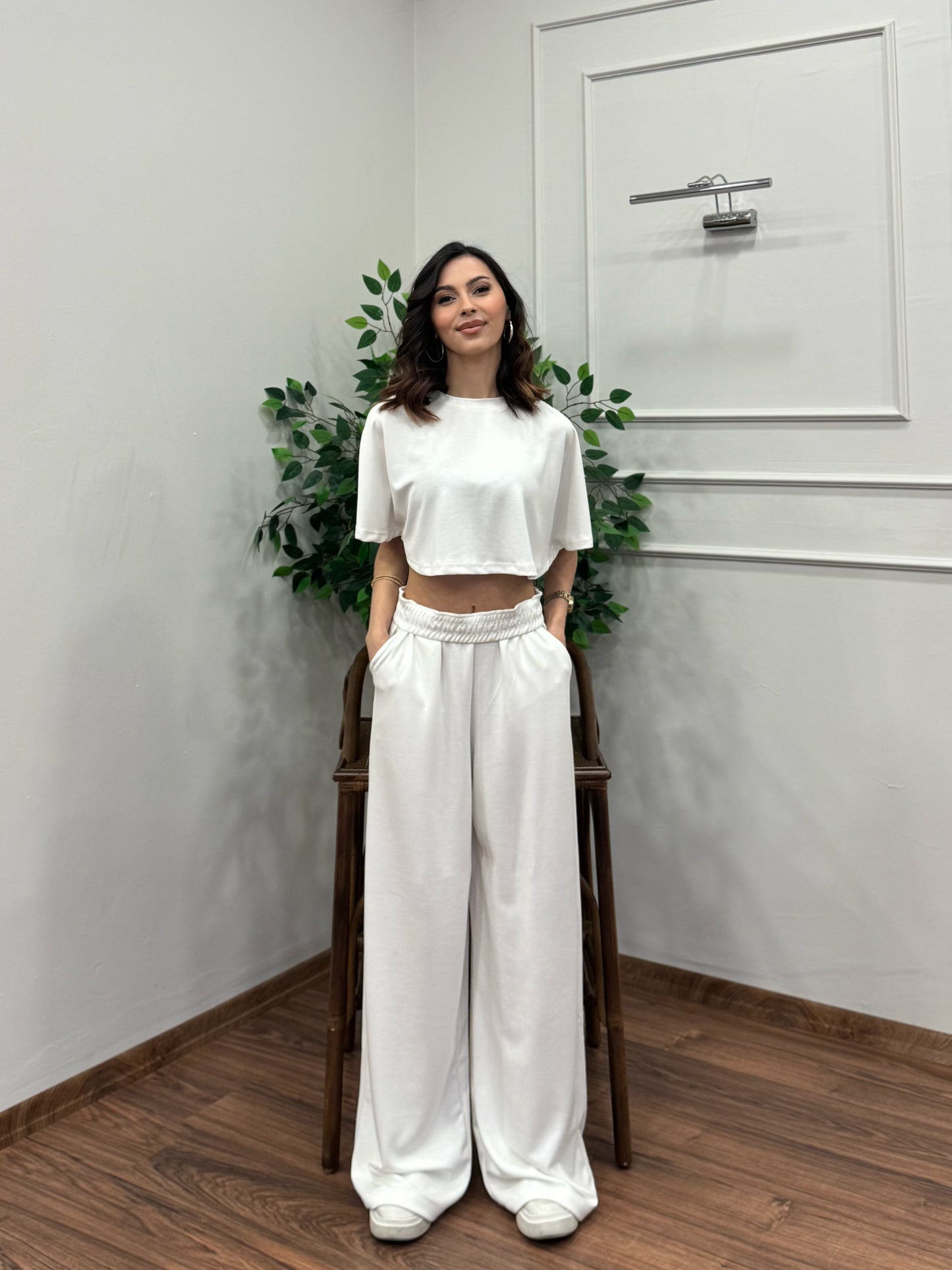 Leva Modal Crop Beyaz Takım