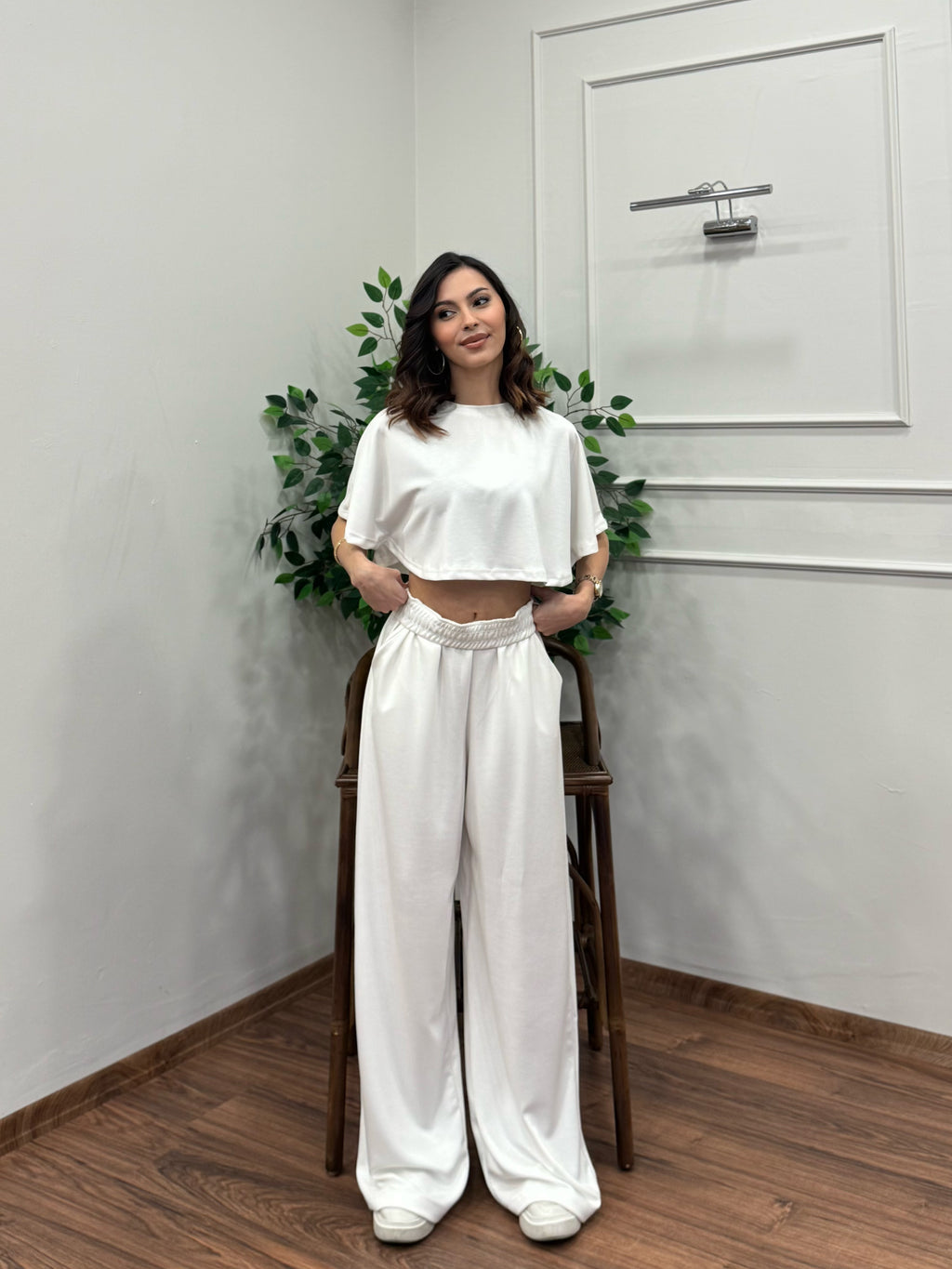 Leva Modal Crop Beyaz Takım