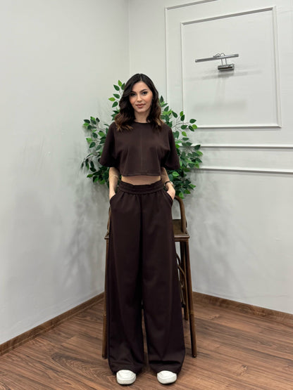 Leva Modal Crop Kahverengi Takım