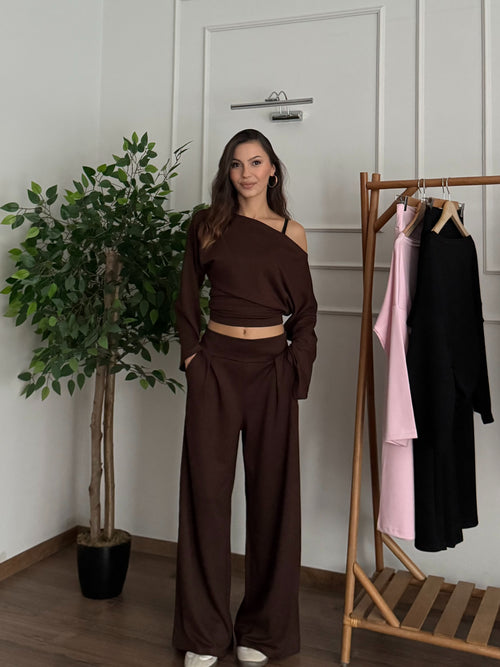 Siena Kayık Yaka Bluz Pantolon Kahverengi Takım