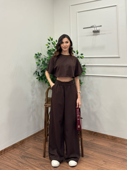 Leva Modal Crop Kahverengi Takım