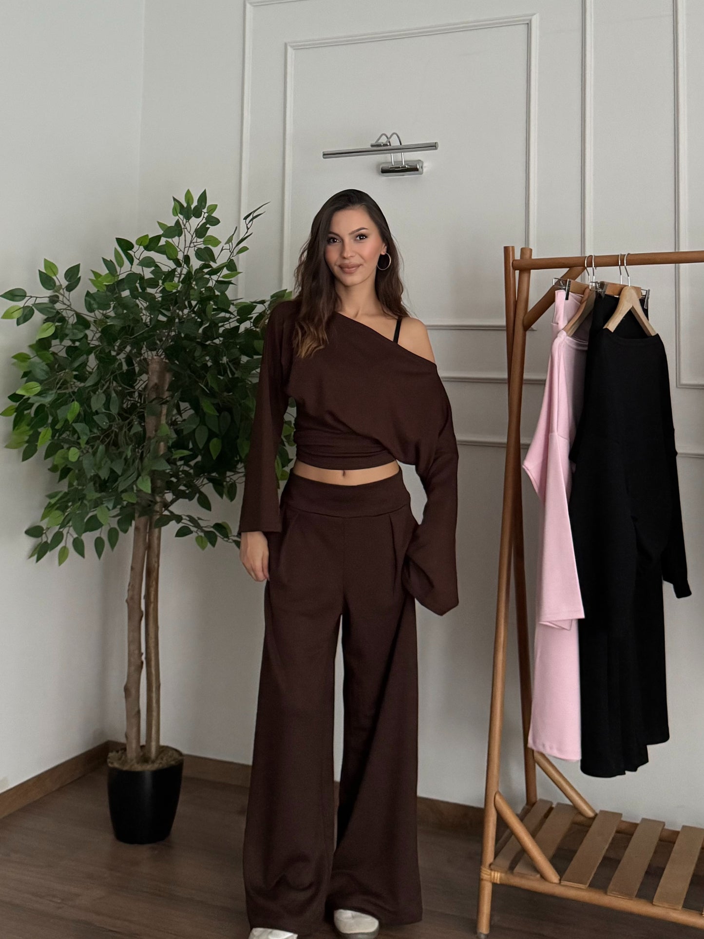 Siena Kayık Yaka Bluz Pantolon Kahverengi Takım