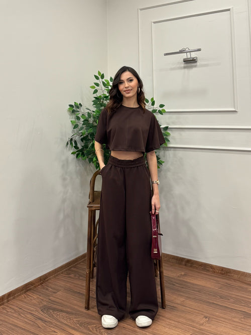 Leva Modal Crop Kahverengi Takım