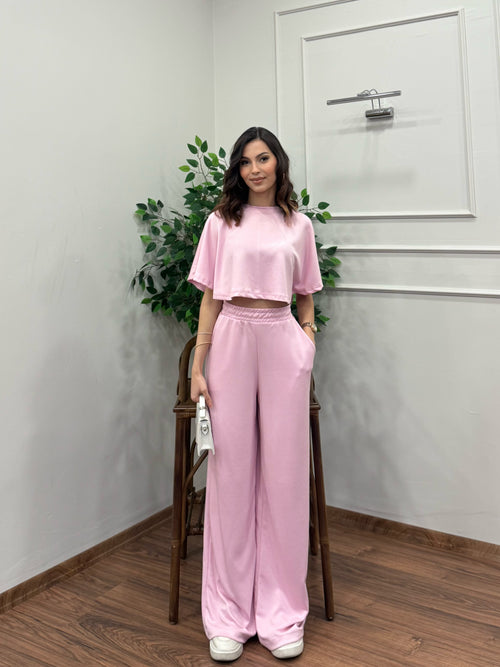 Leva Modal Crop Pembe Takım