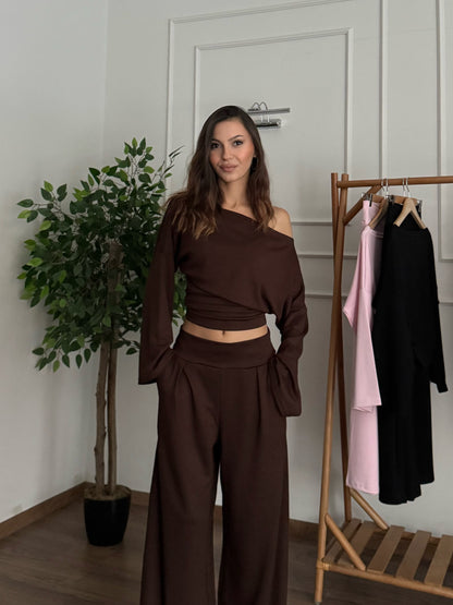 Siena Kayık Yaka Bluz Pantolon Kahverengi Takım