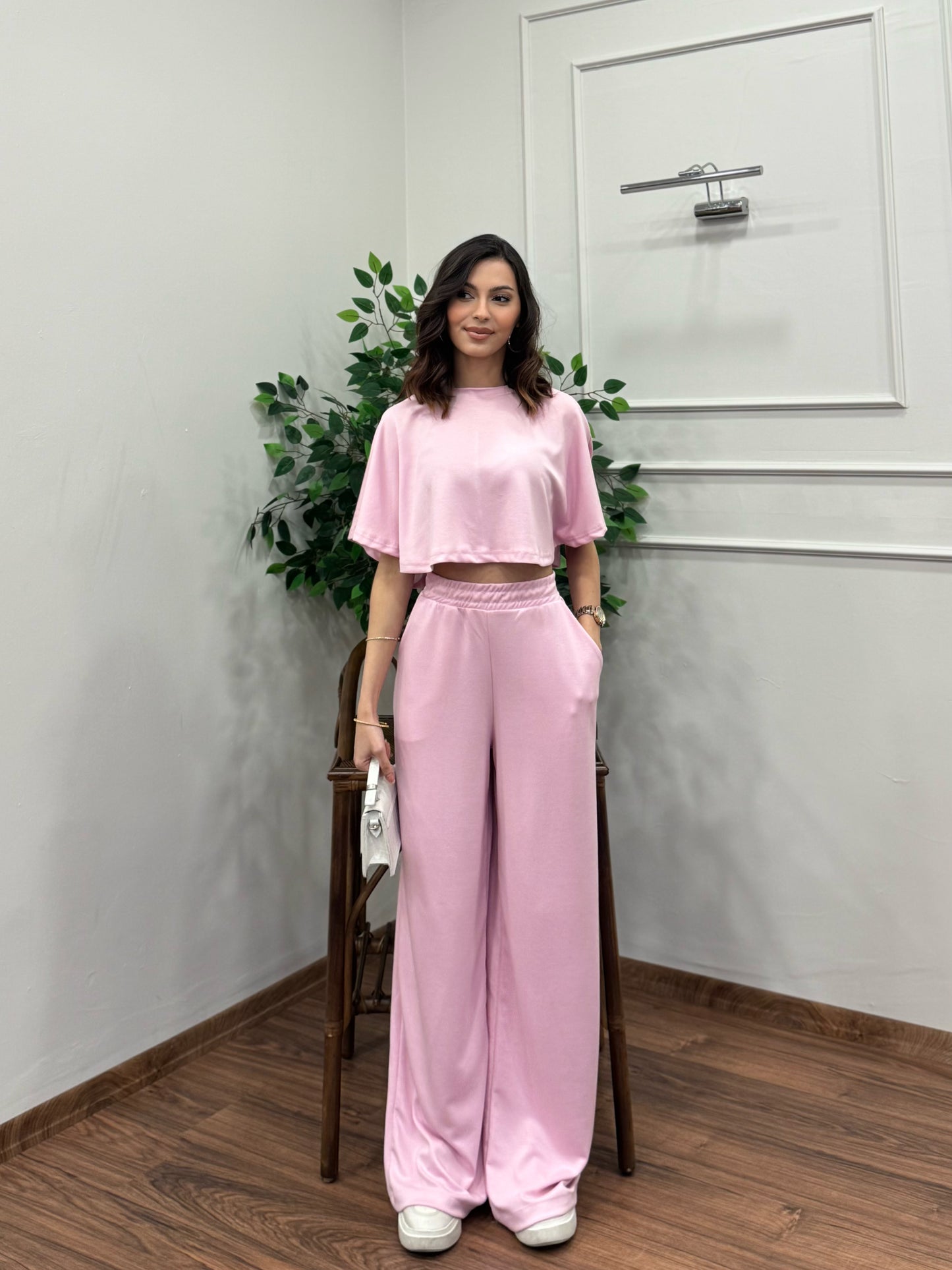 Leva Modal Crop Pembe Takım