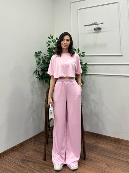 Leva Modal Crop Pembe Takım
