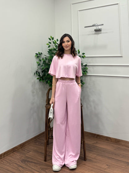 Leva Modal Crop Pembe Takım