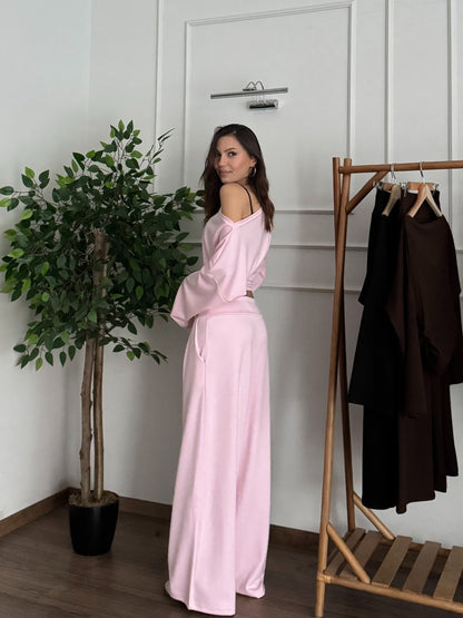 Siena Kayık Yaka Bluz Pantolon Pembe Takım