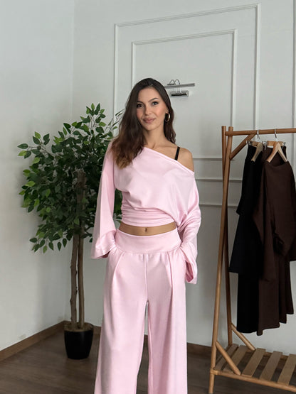 Siena Kayık Yaka Bluz Pantolon Pembe Takım
