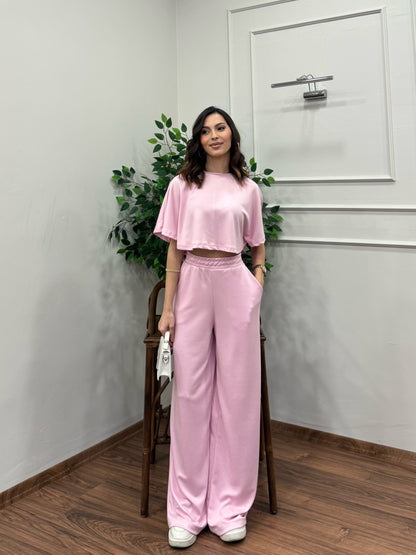 Leva Modal Crop Pembe Takım