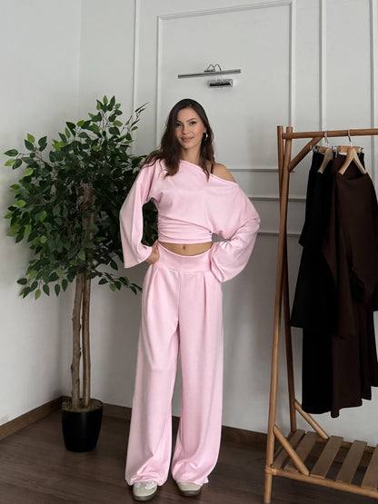 Siena Kayık Yaka Bluz Pantolon Pembe Takım