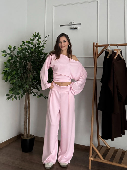 Siena Kayık Yaka Bluz Pantolon Pembe Takım