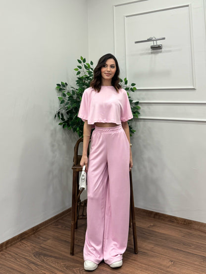Leva Modal Crop Pembe Takım