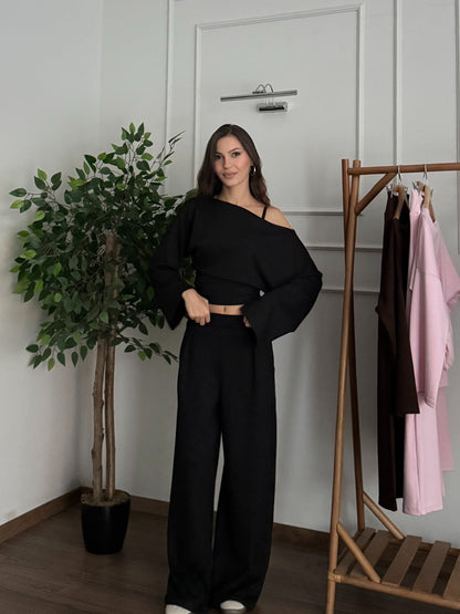 Siena Kayık Yaka Bluz Pantolon Siyah Takım