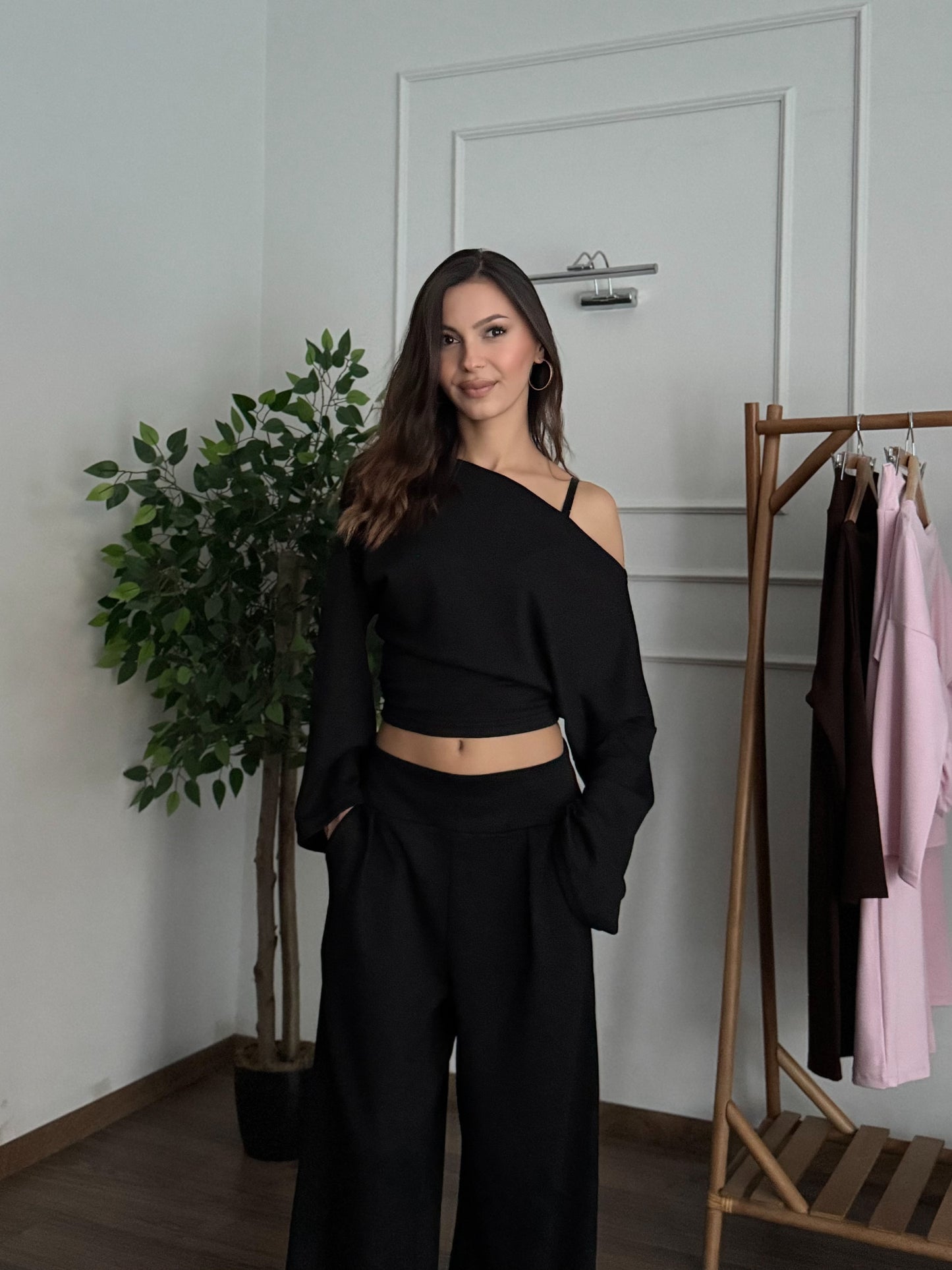 Siena Kayık Yaka Bluz Pantolon Siyah Takım