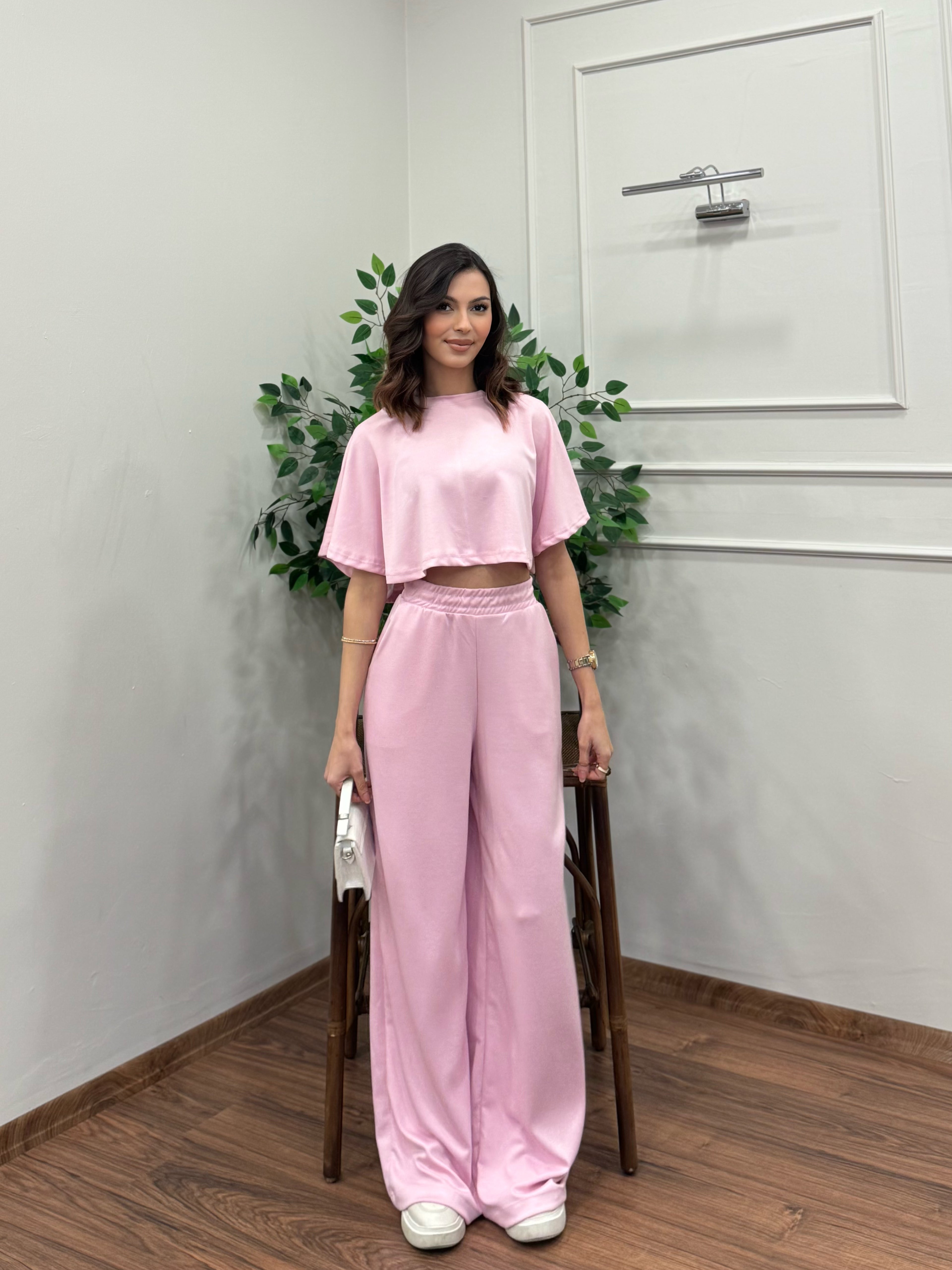 Leva Modal Crop Pembe Takım
