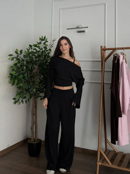 Siena Kayık Yaka Bluz Pantolon Siyah Takım