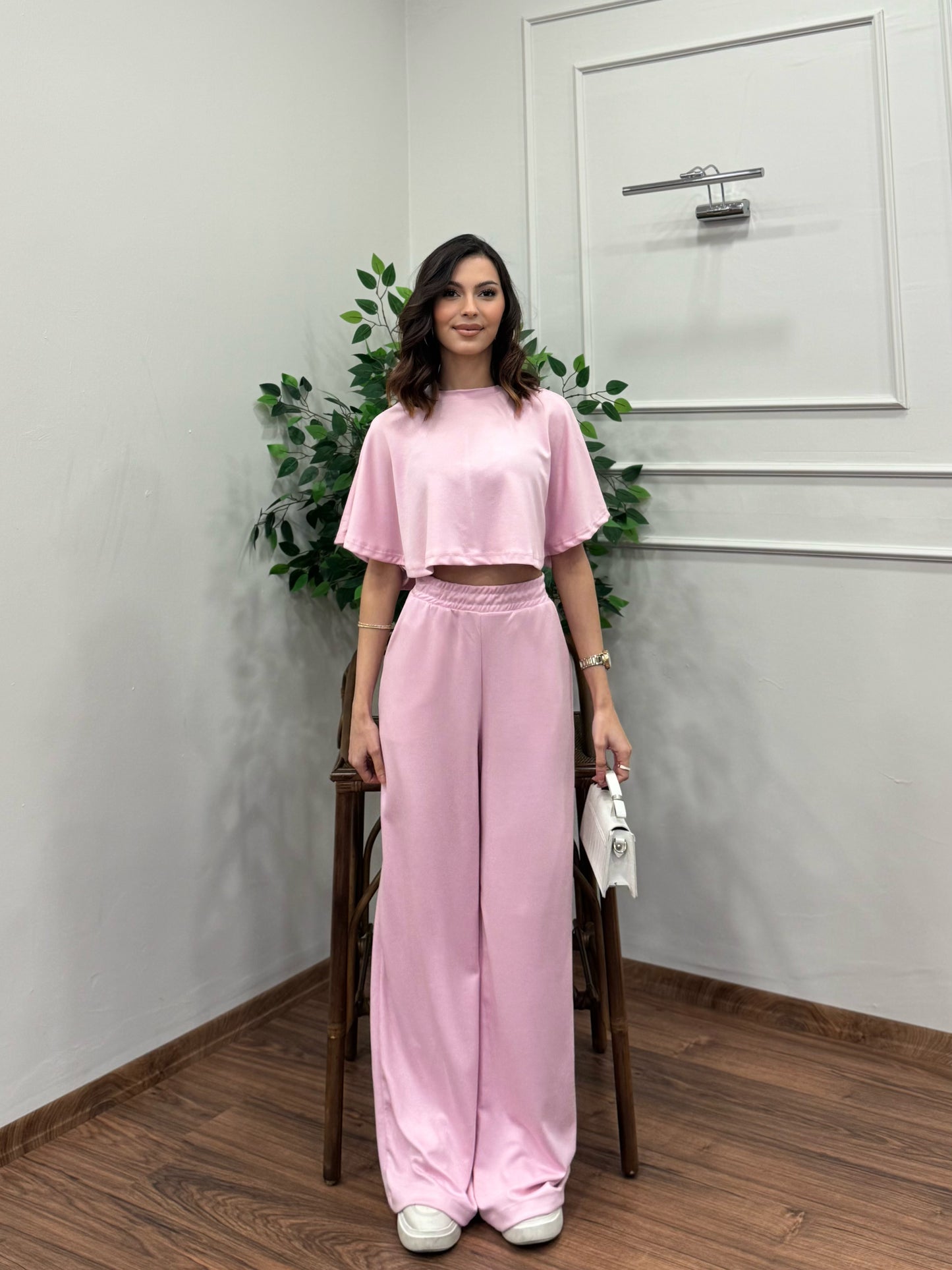 Leva Modal Crop Pembe Takım