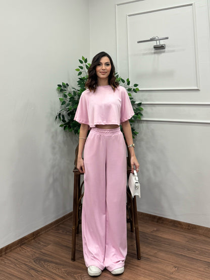 Leva Modal Crop Pembe Takım