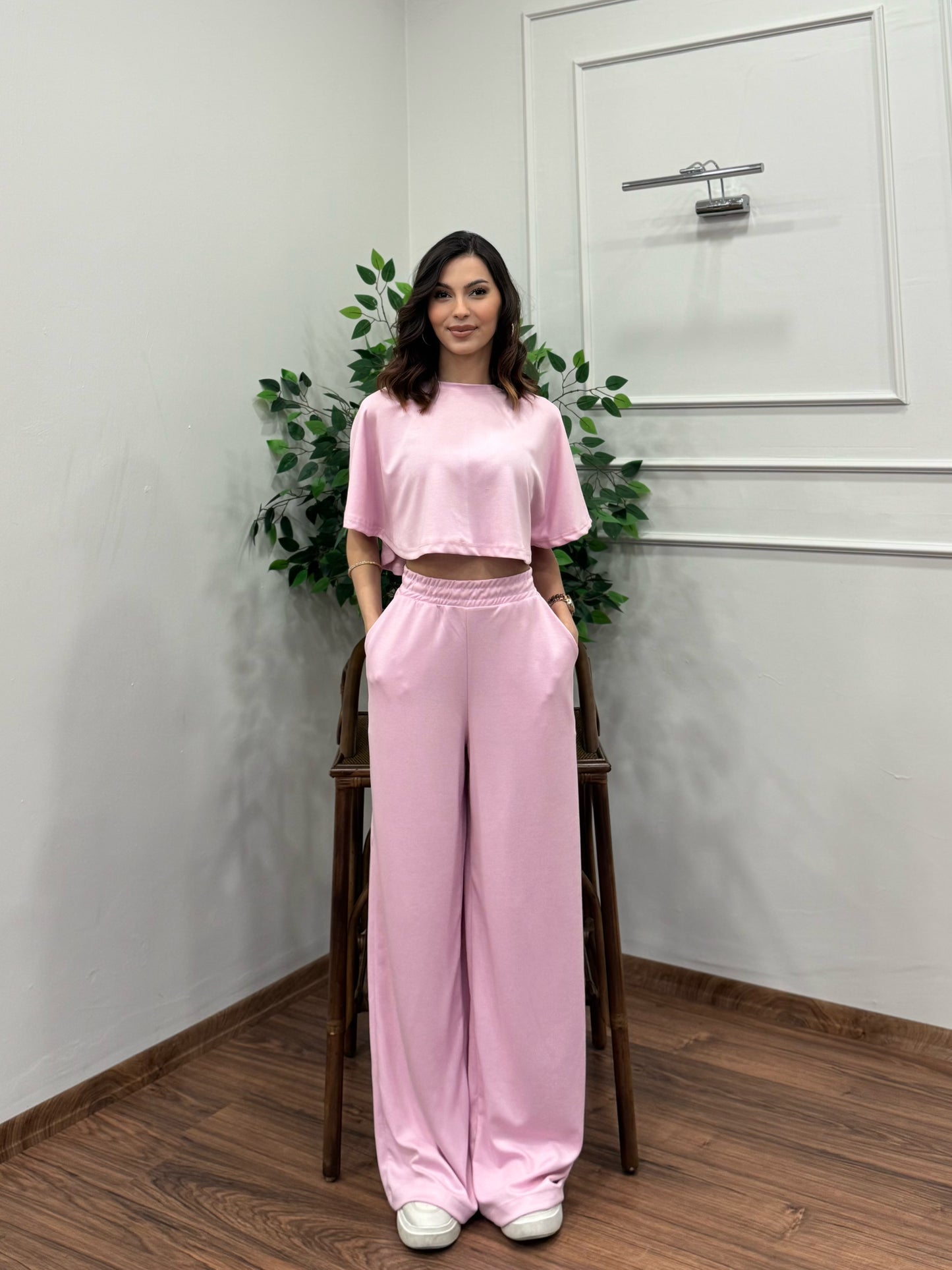 Leva Modal Crop Pembe Takım