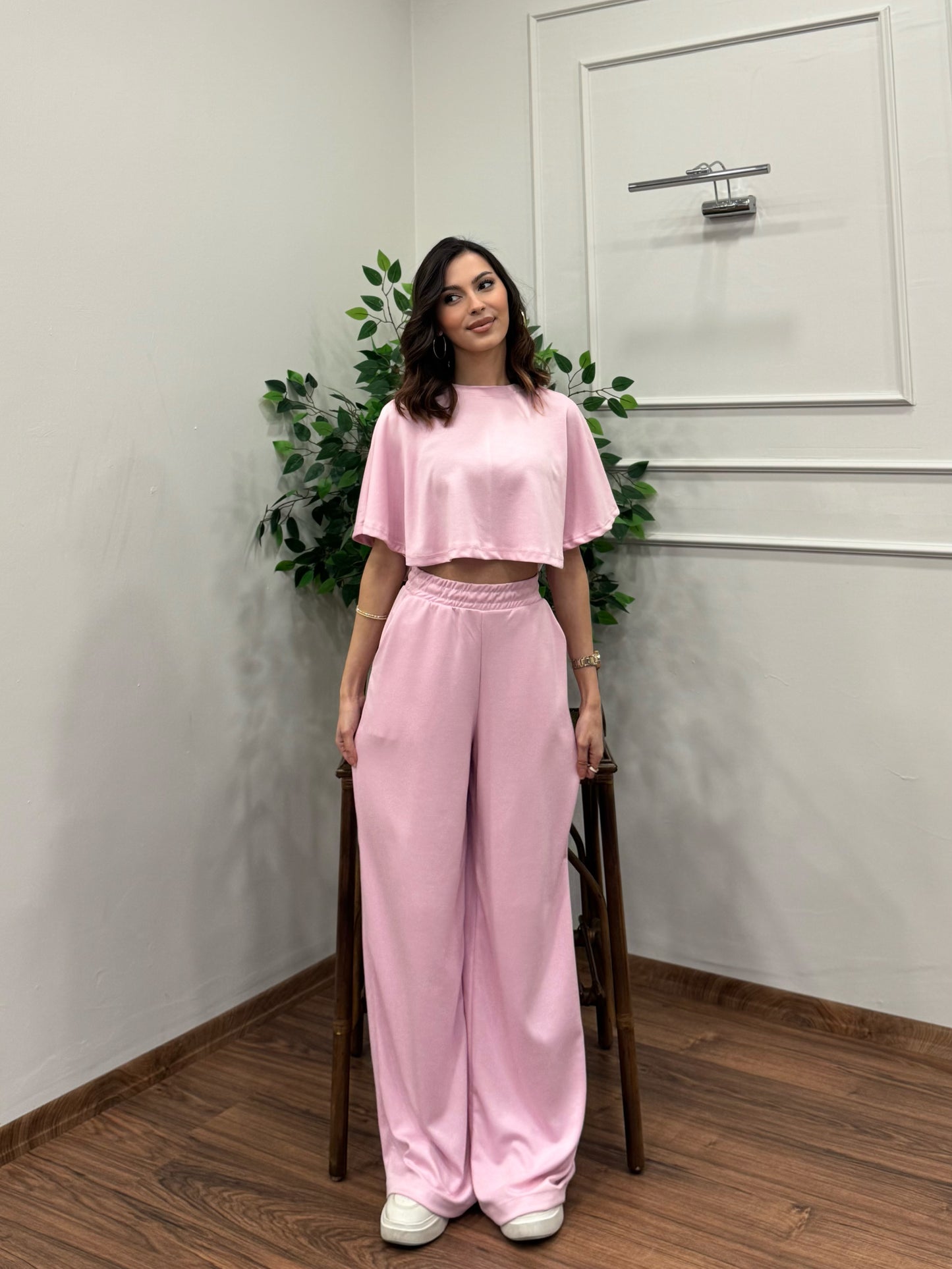 Leva Modal Crop Pembe Takım