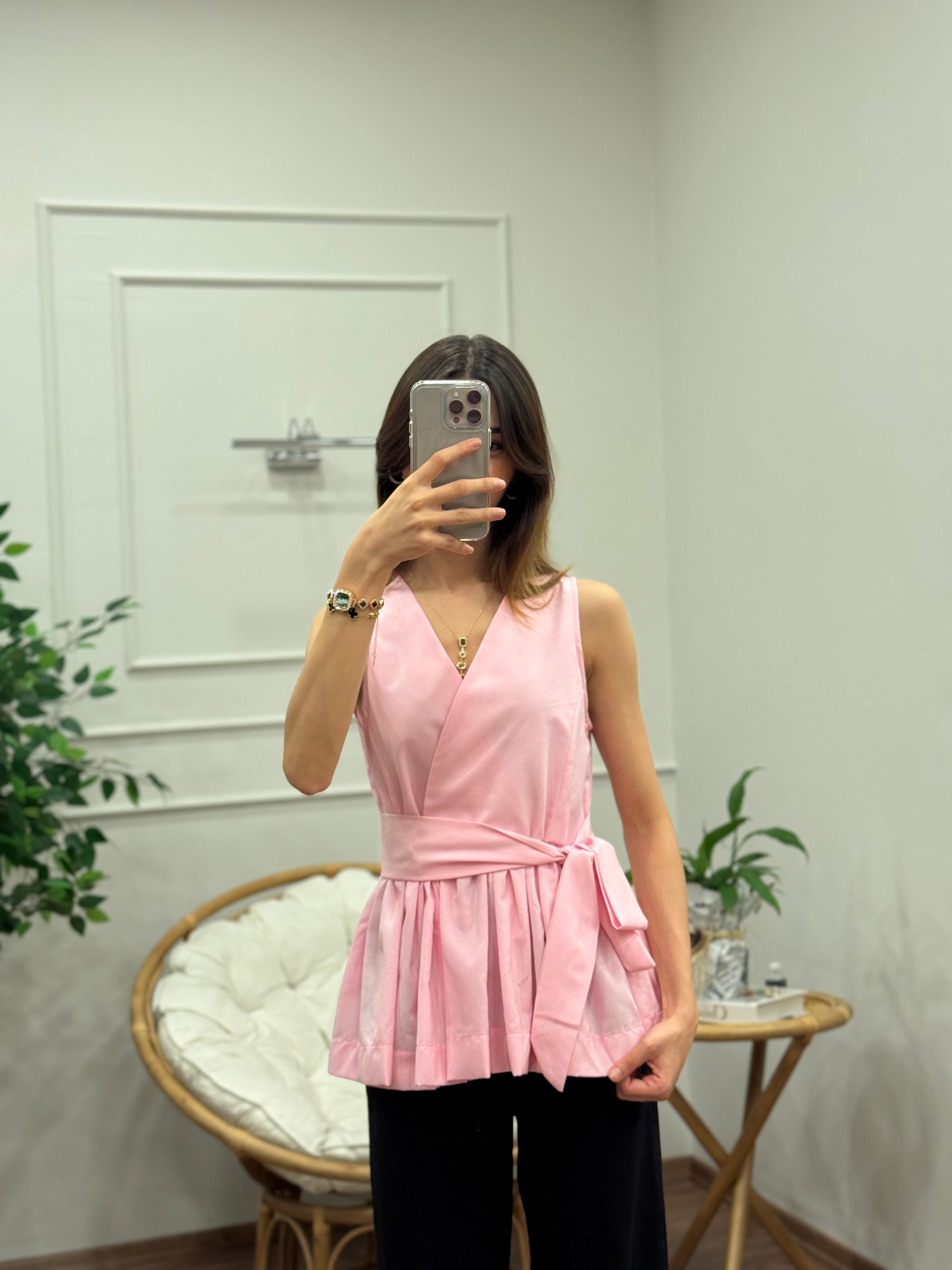 Kuşaklı Belden Bağlama Detay Pembe Bluz