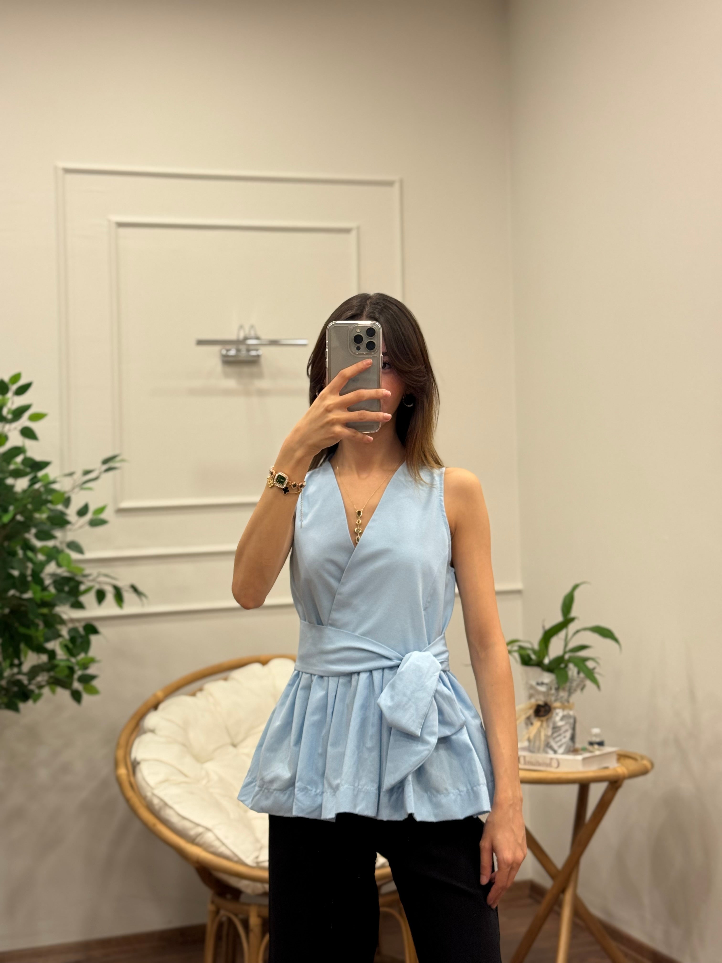 Kuşaklı Belden Bağlama Detay Bebe Mavisi Bluz