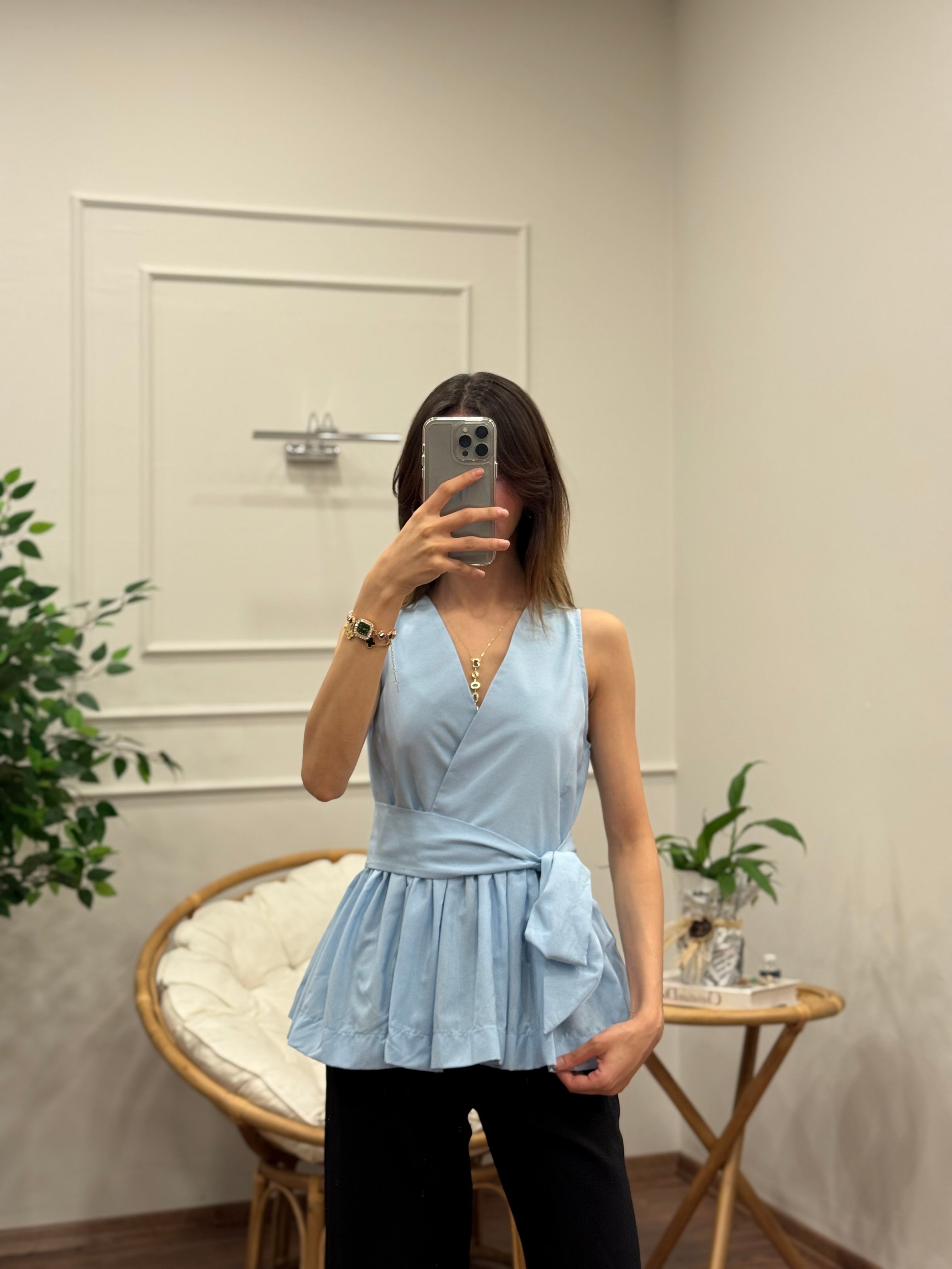 Kuşaklı Belden Bağlama Detay Bebe Mavisi Bluz