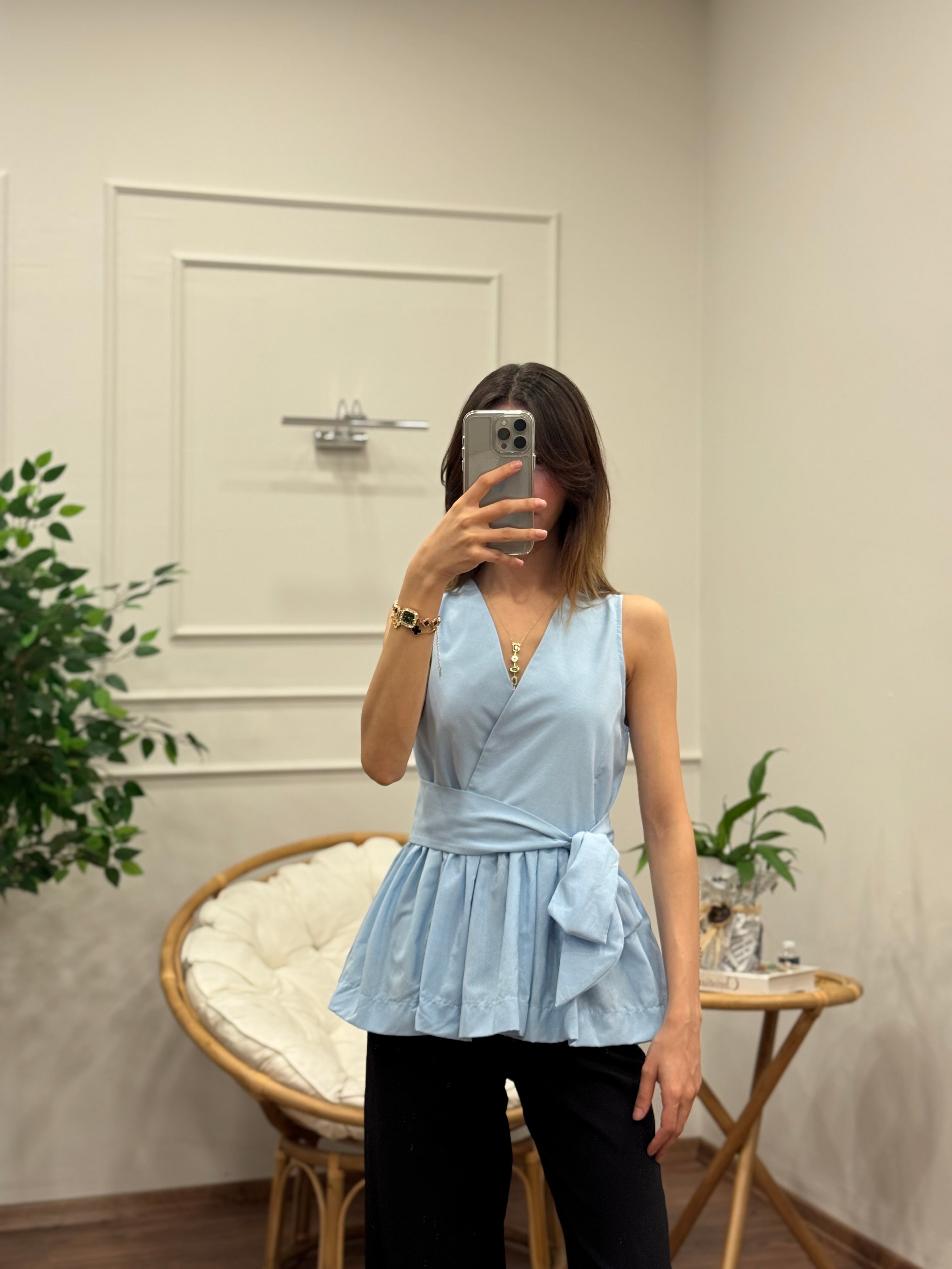 Kuşaklı Belden Bağlama Detay Bebe Mavisi Bluz