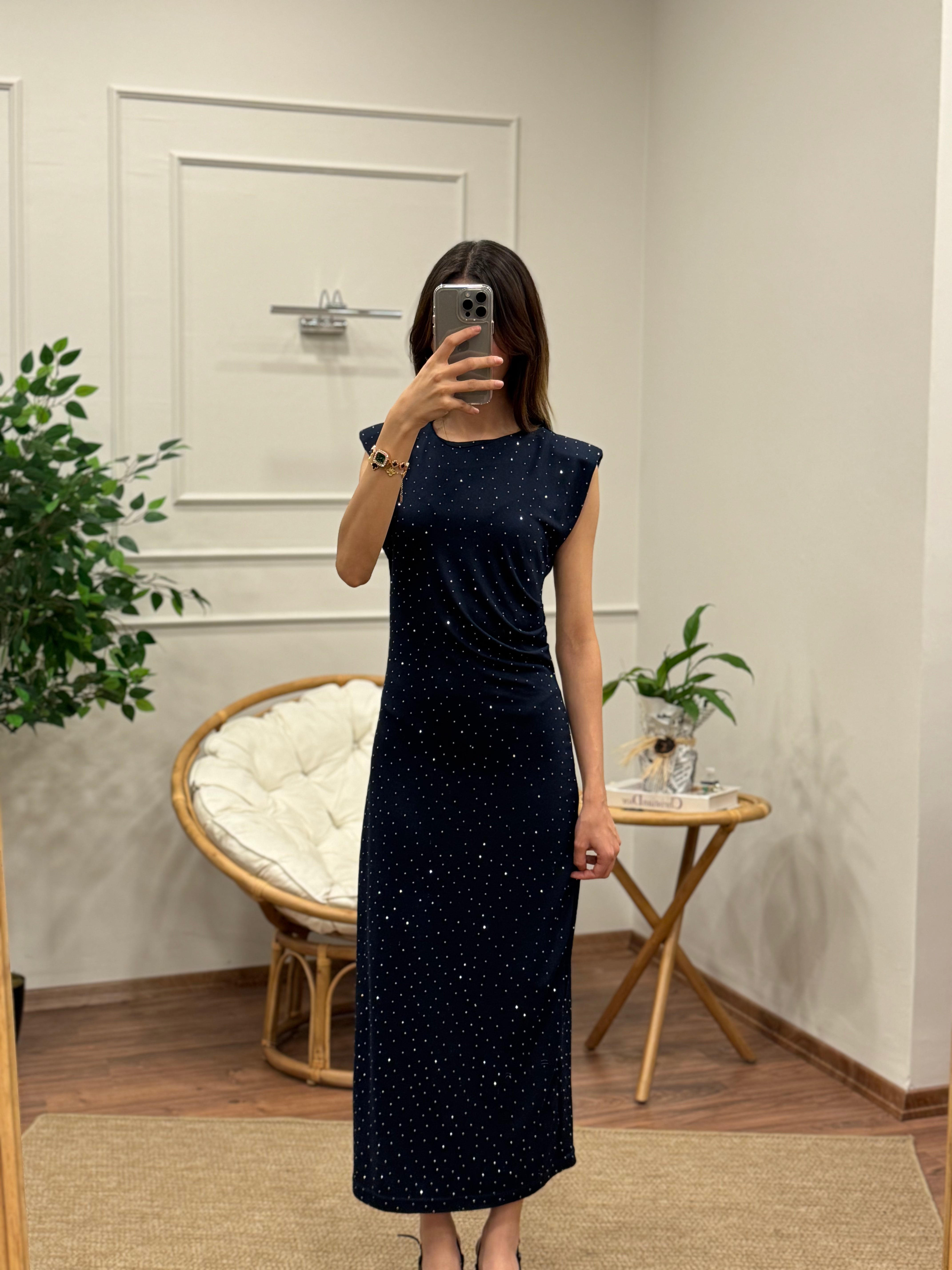 Taş Baskı Drape Detay Omuz Vatkalı Lacivert Elbise