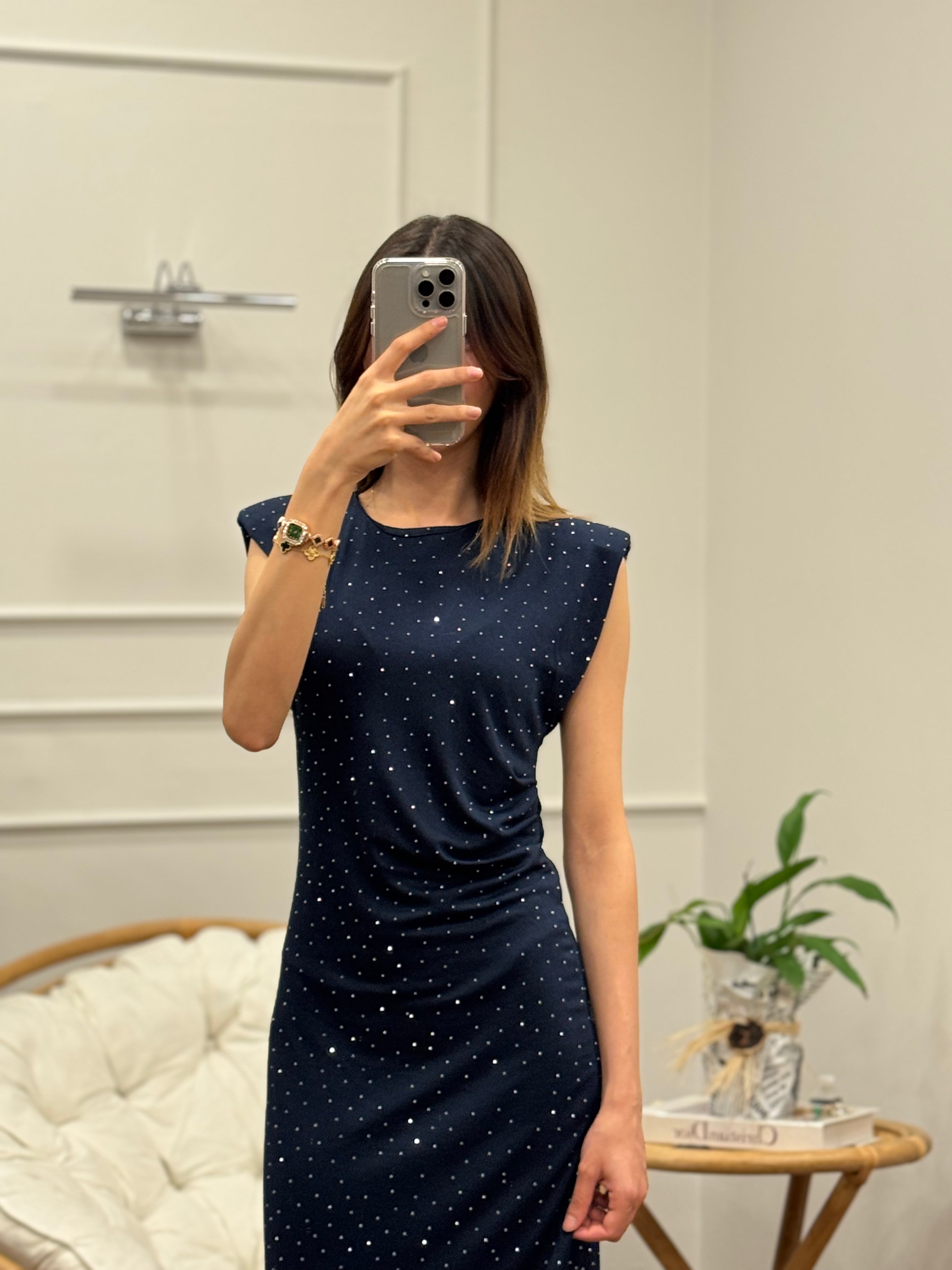 Taş Baskı Drape Detay Omuz Vatkalı Lacivert Elbise