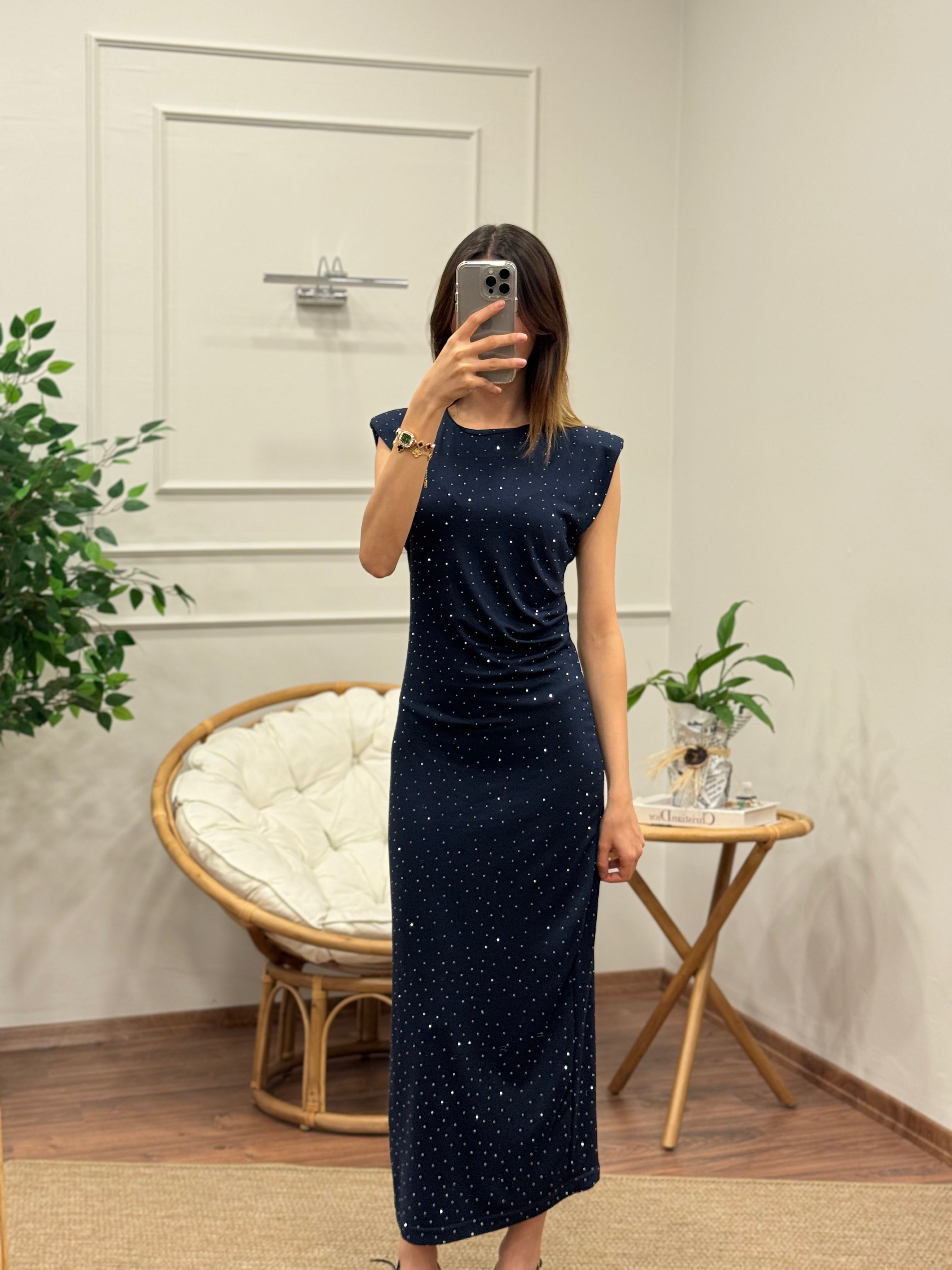 Taş Baskı Drape Detay Omuz Vatkalı Lacivert Elbise