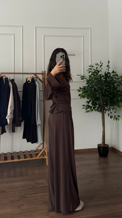 Elara Omuz Vatka Bluz Pantolon Kahverengi Takım