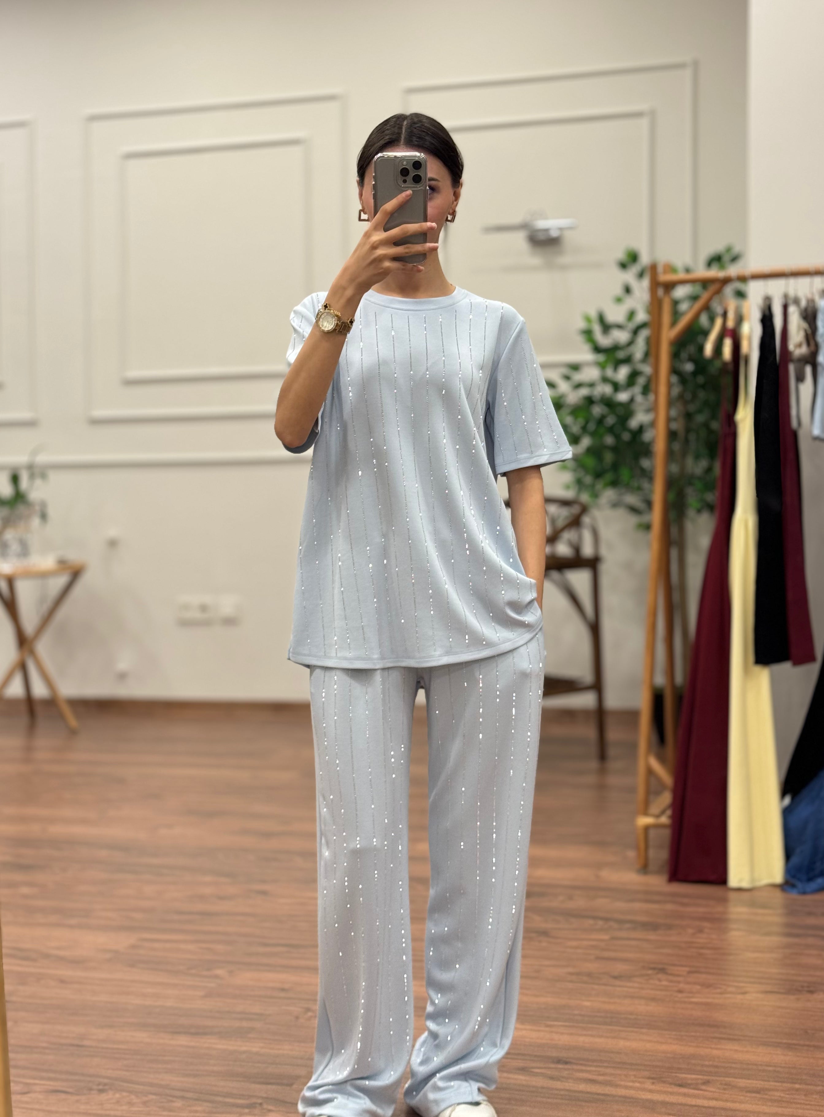 Oys Çizgi Desen Taş Baskı Bebe Mavisi Bluz Pantolon Takım