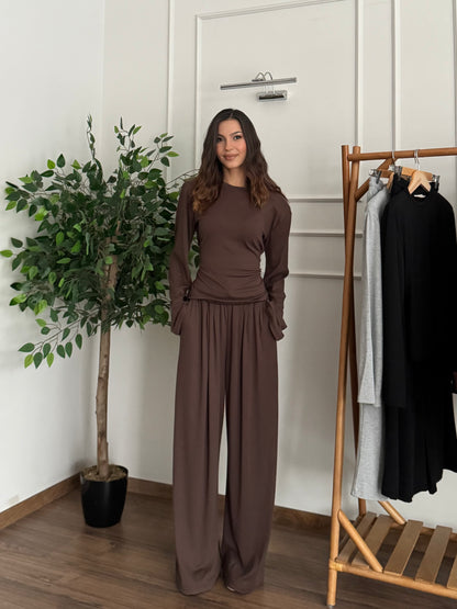 Elara Omuz Vatka Bluz Pantolon Kahverengi Takım