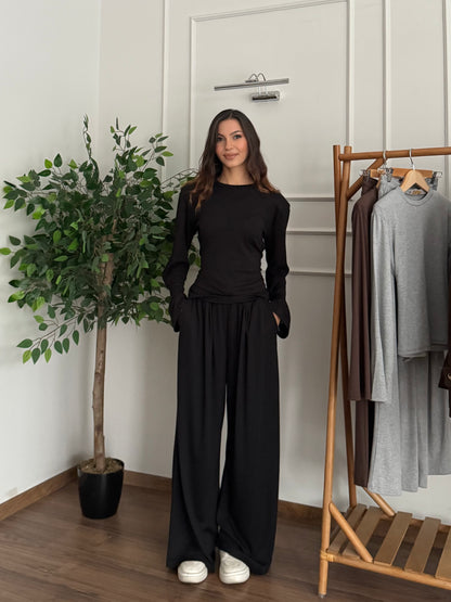 Elara Omuz Vatka Bluz Pantolon Siyah Takım