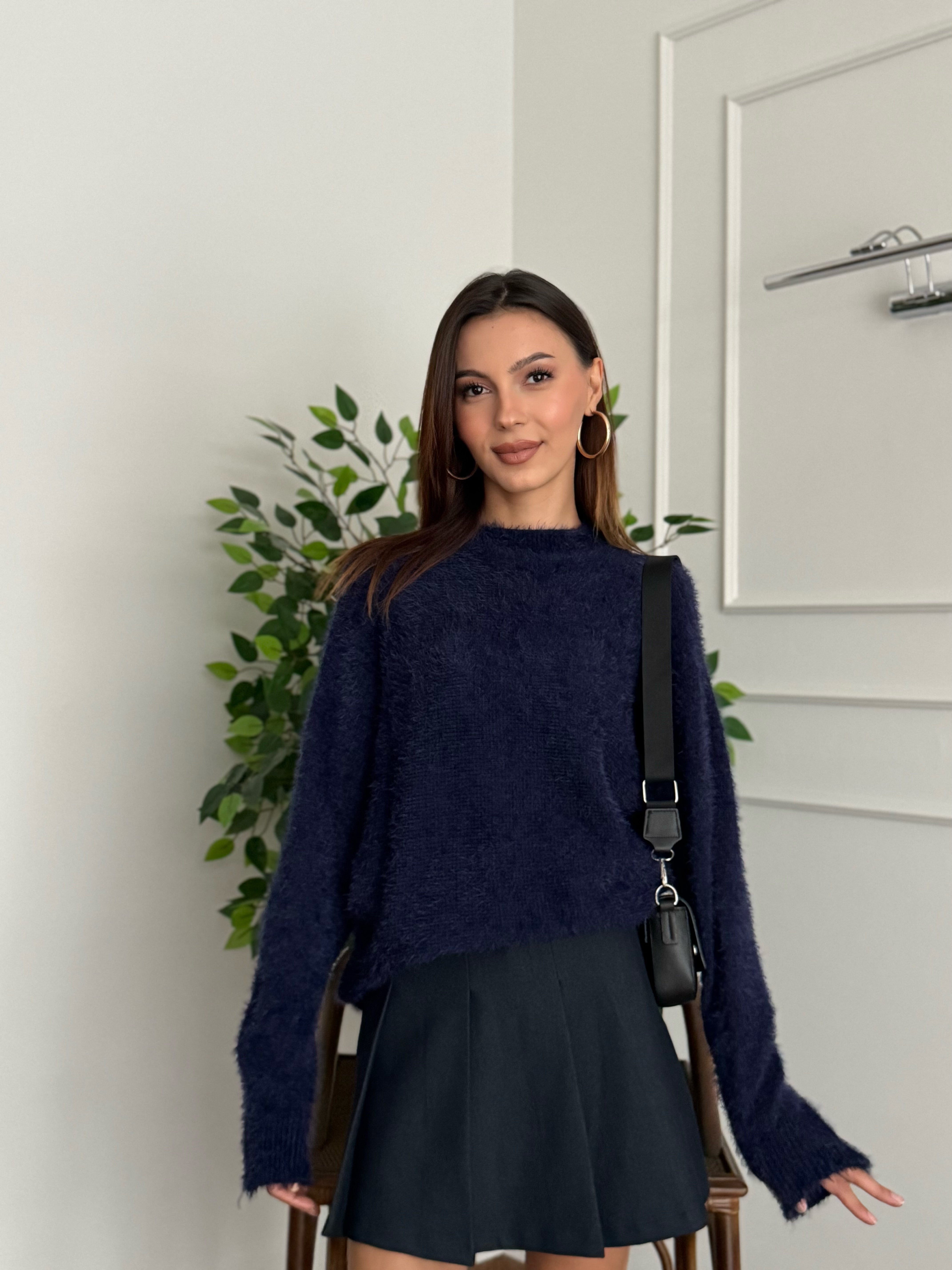 Sakallı Yarasa Kol Lacivert Kazak