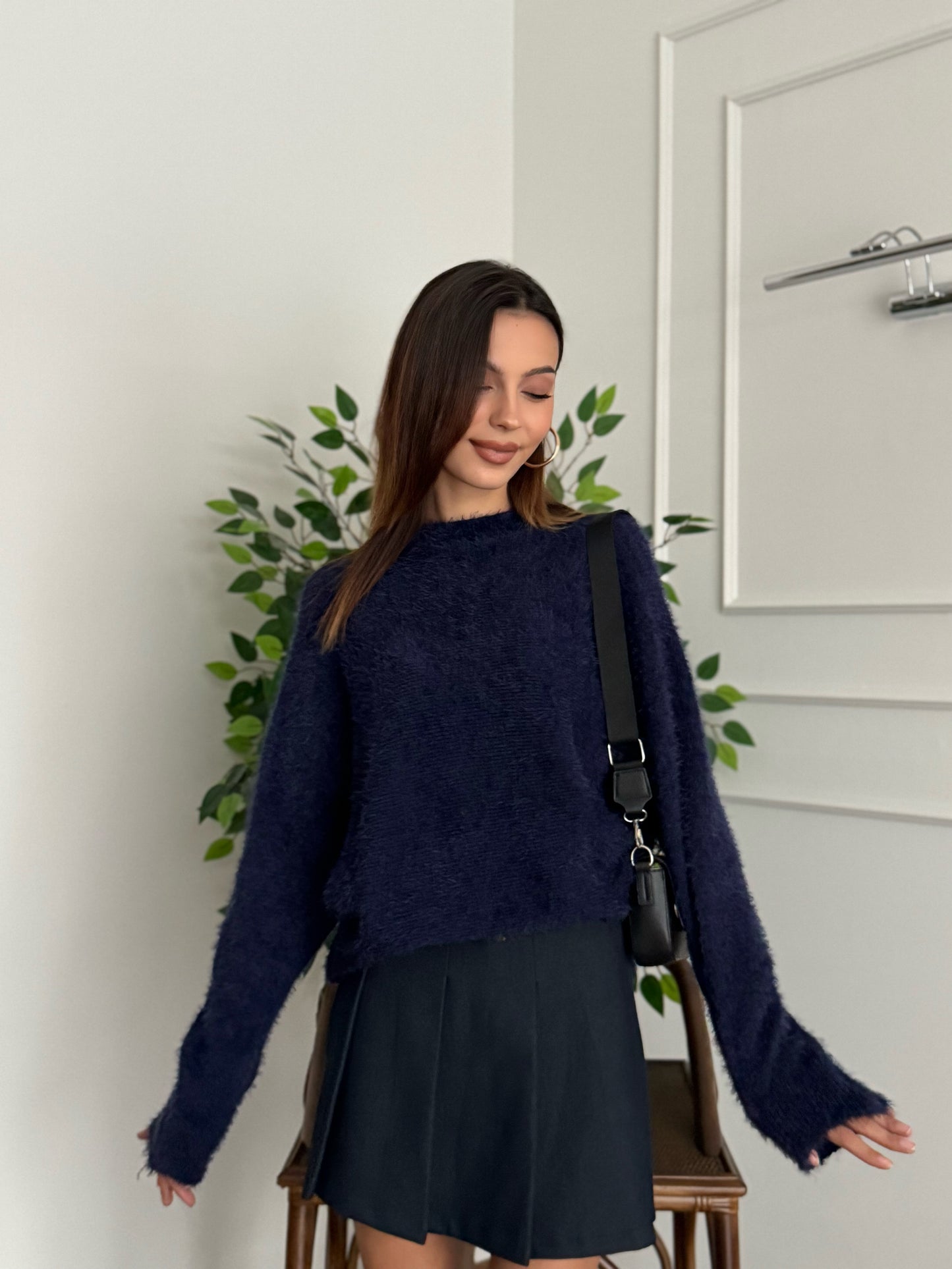 Sakallı Yarasa Kol Lacivert Kazak