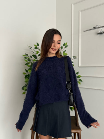 Sakallı Yarasa Kol Lacivert Kazak