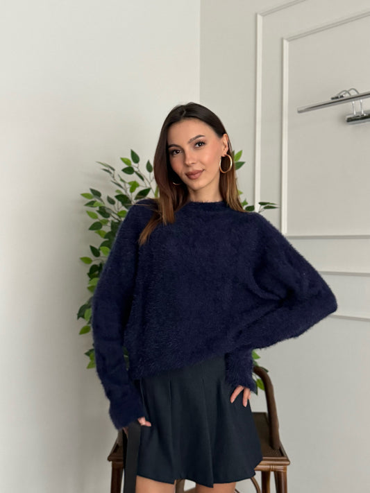 Sakallı Yarasa Kol Lacivert Kazak