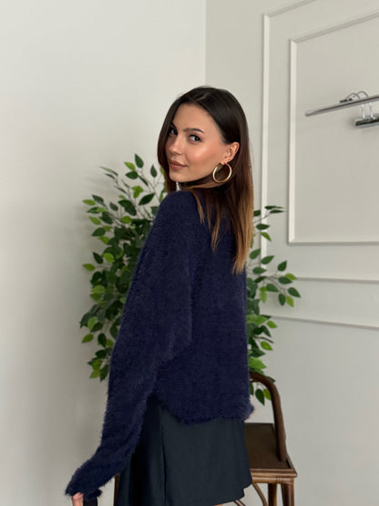 Sakallı Yarasa Kol Lacivert Kazak