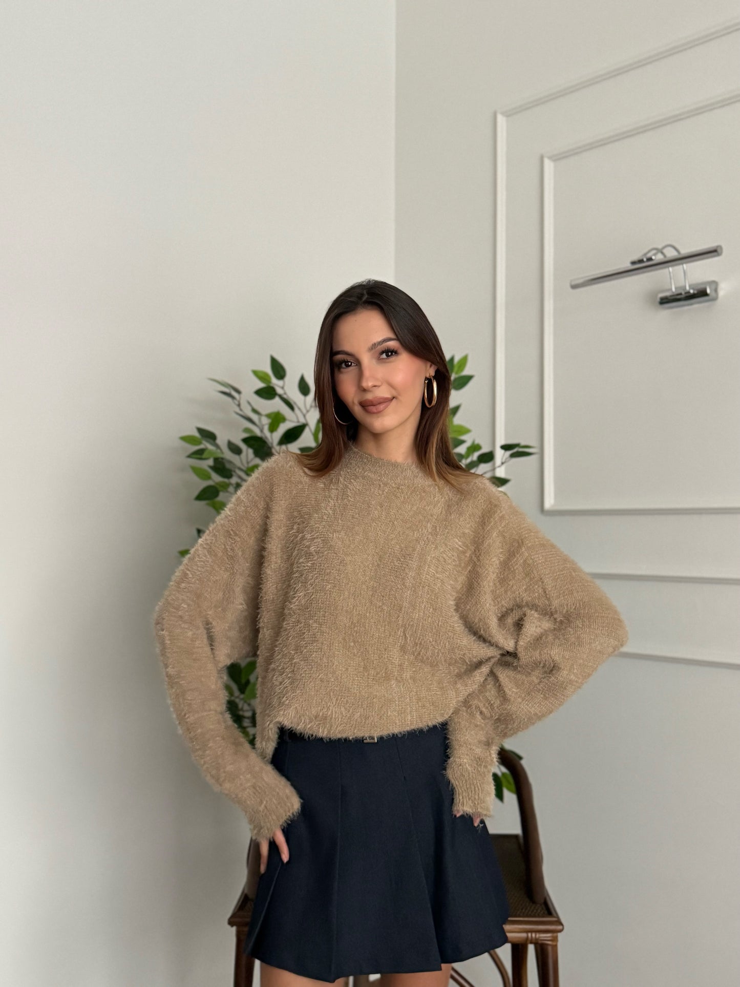 Sakallı Yarasa Kol Sütlü Kahve Kazak