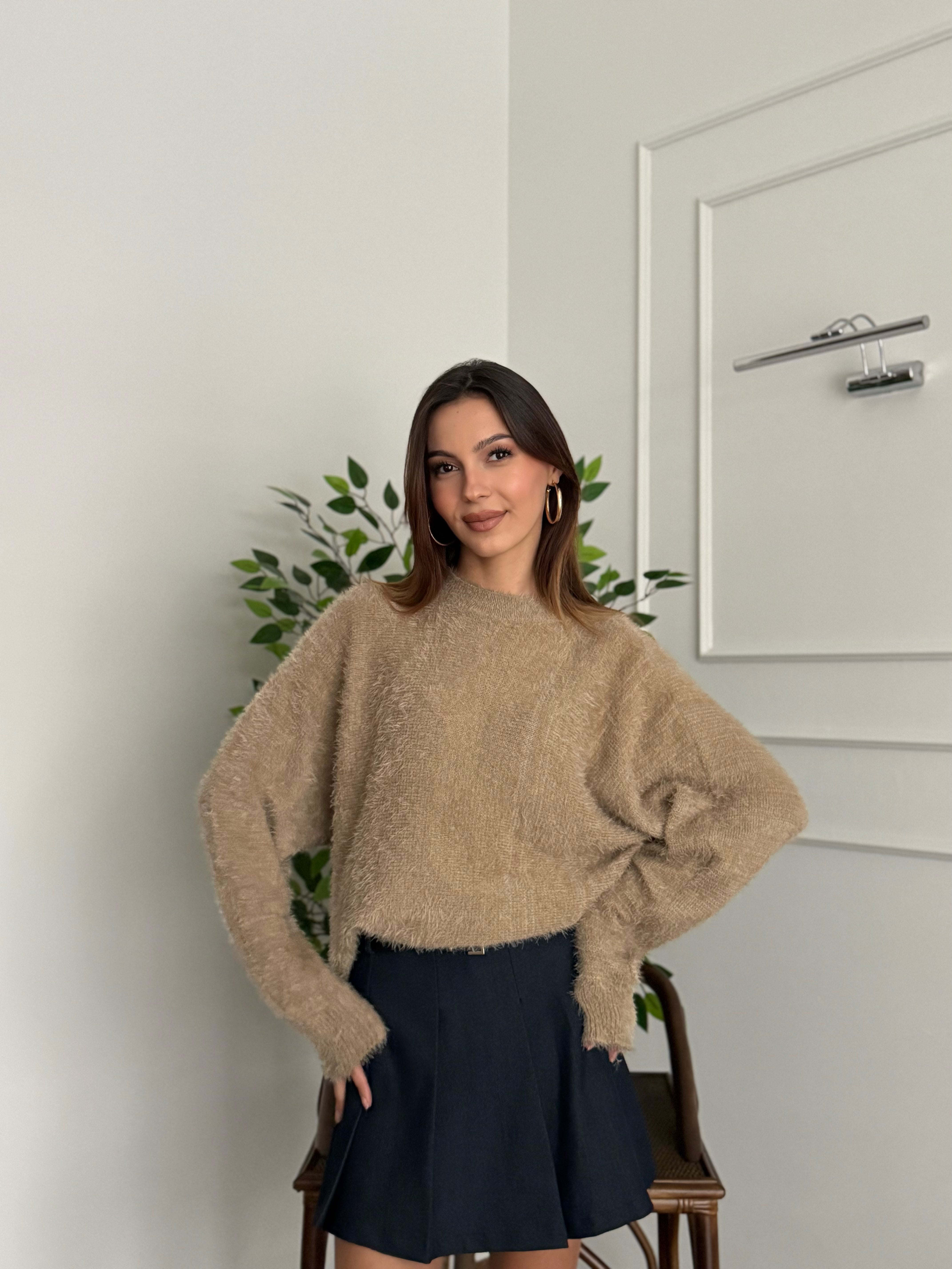 Sakallı Yarasa Kol Sütlü Kahve Kazak