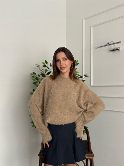 Sakallı Yarasa Kol Sütlü Kahve Kazak