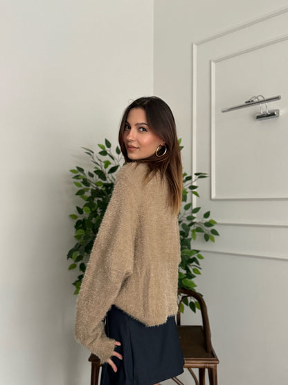 Sakallı Yarasa Kol Sütlü Kahve Kazak