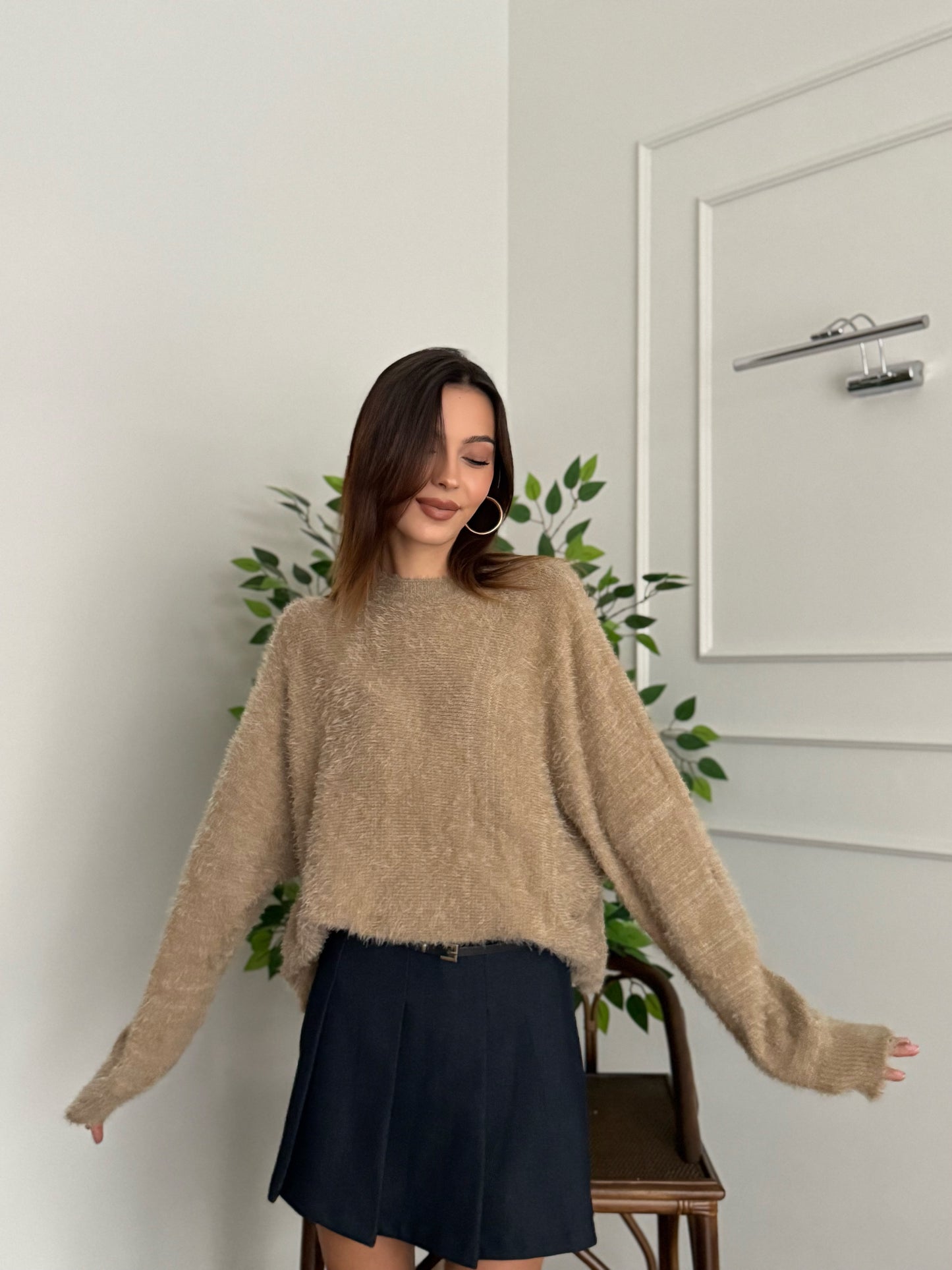 Sakallı Yarasa Kol Sütlü Kahve Kazak