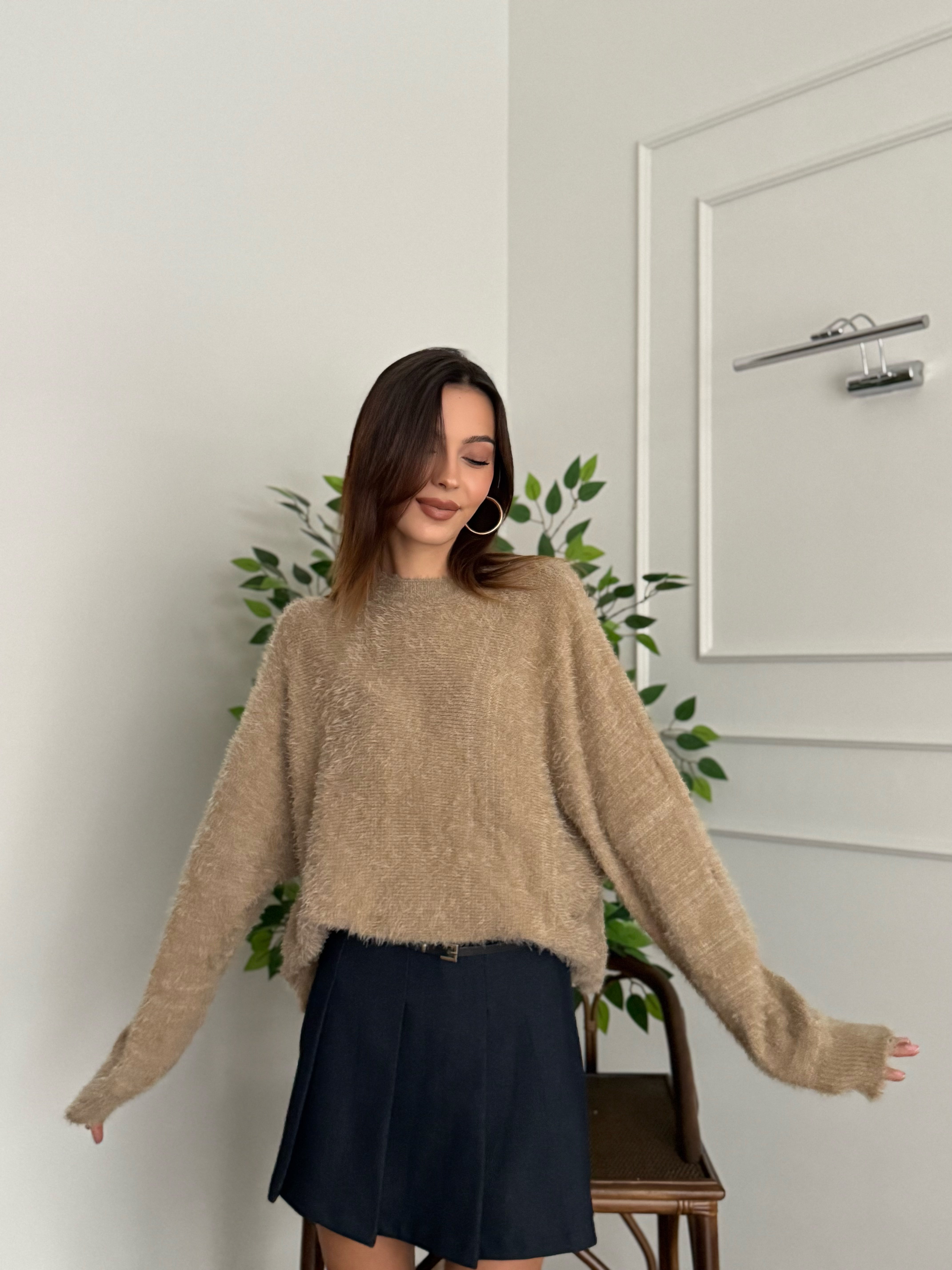 Sakallı Yarasa Kol Sütlü Kahve Kazak