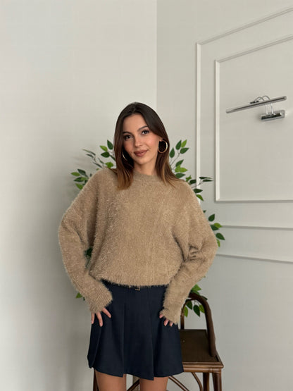 Sakallı Yarasa Kol Sütlü Kahve Kazak